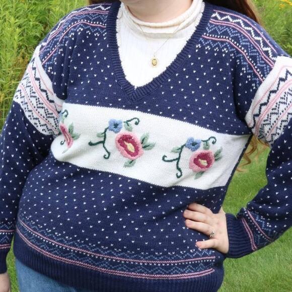 Vintage Knit Floral V-Neck Sweater, M Grandmacore Retro - Picture 4 of 5
